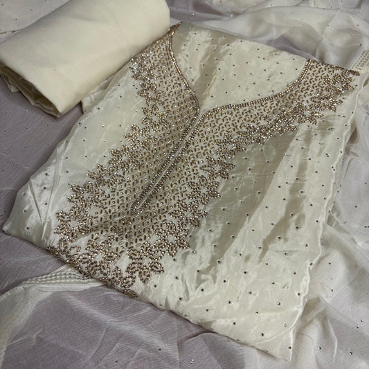 Off-White Embroidered Suit Set with Golden Detailing | Festive & Party Wear