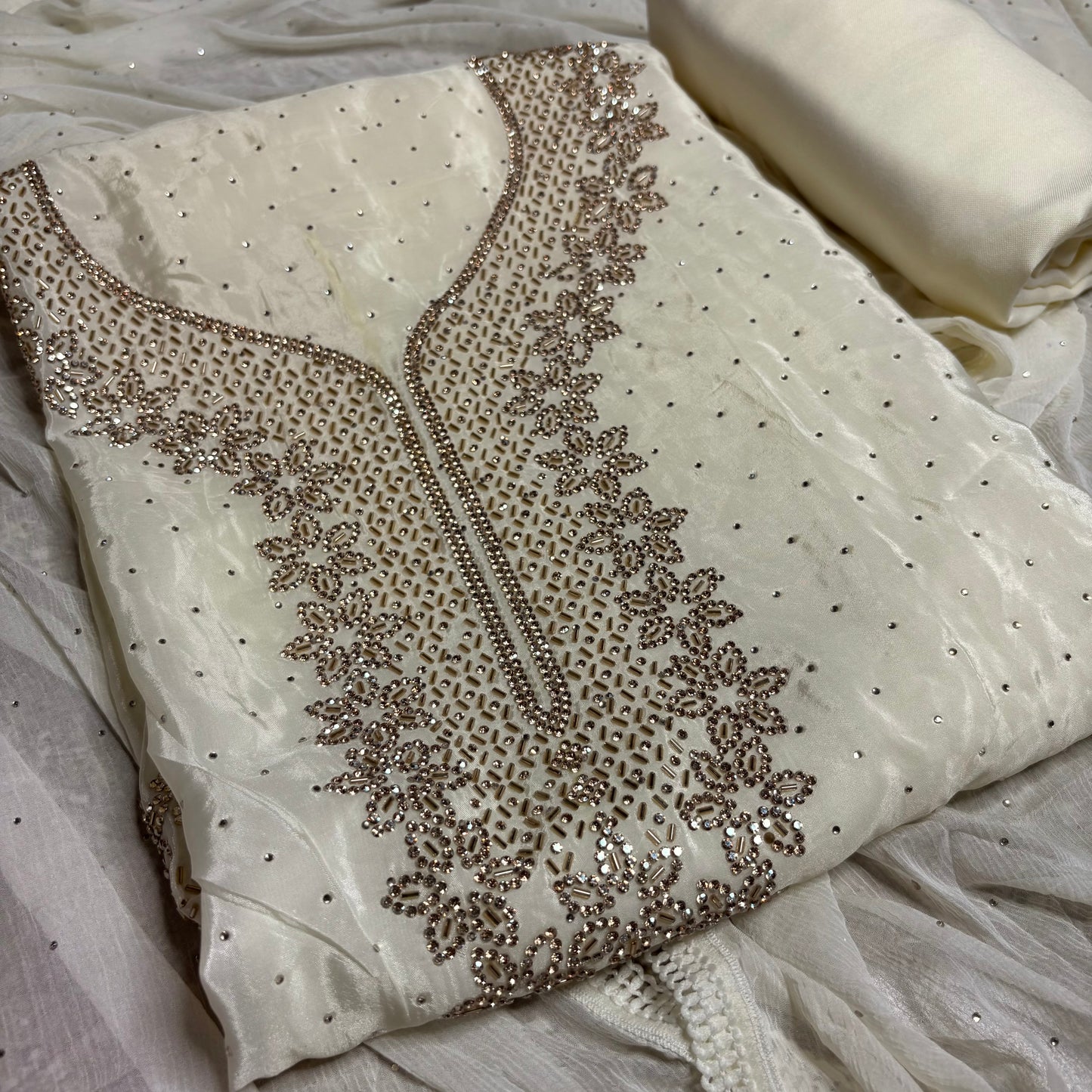 Off-White Embroidered Suit Set with Golden Detailing | Festive & Party Wear