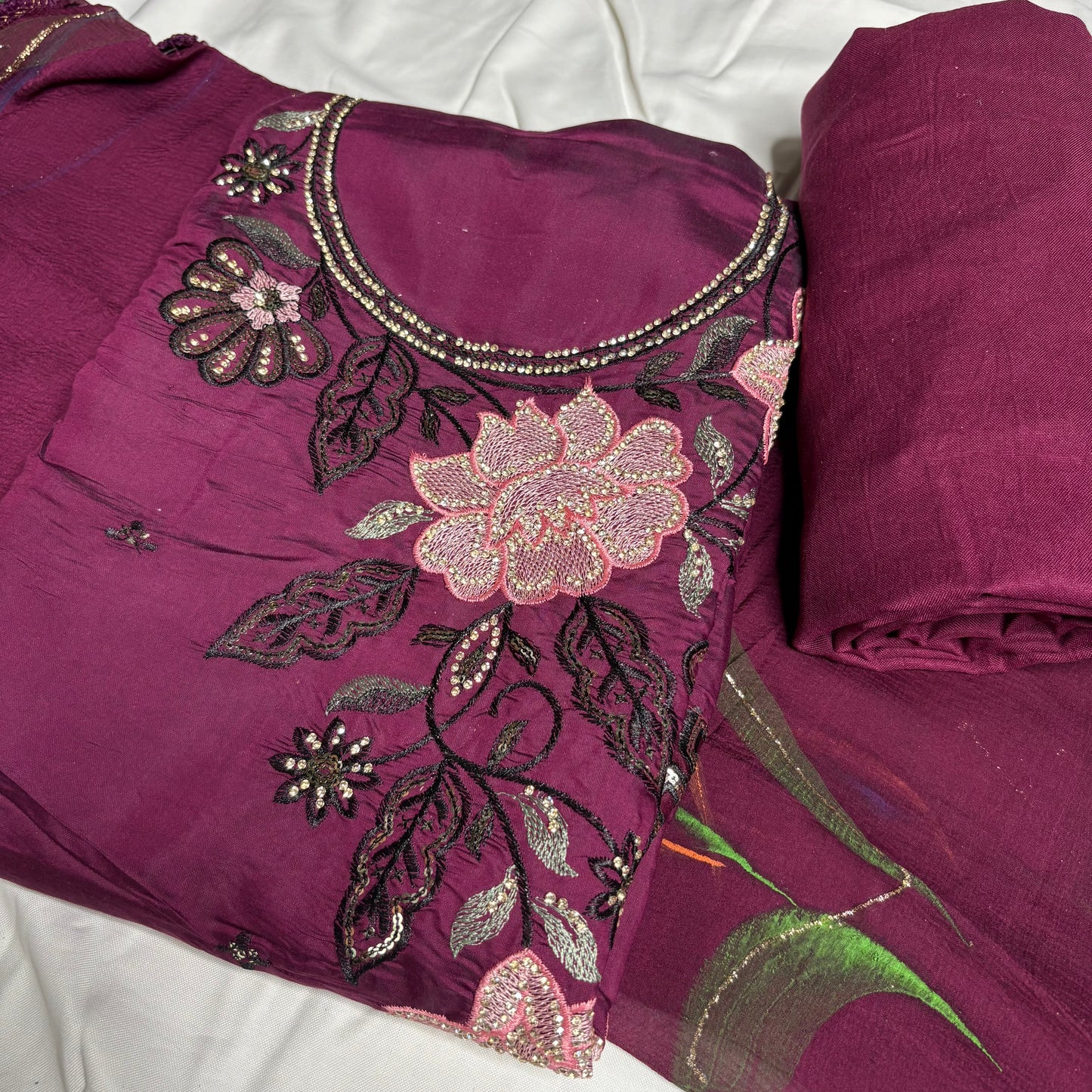 Wine colour Embroidered Suit – Stylish Dupatta & Rayon Bottom