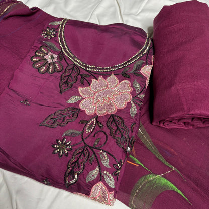 Wine colour Embroidered Suit – Stylish Dupatta & Rayon Bottom