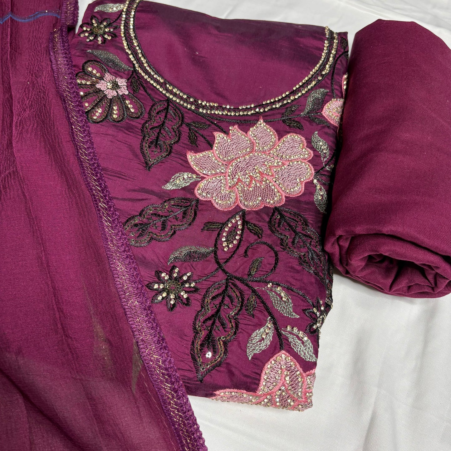 Wine colour Embroidered Suit – Stylish Dupatta & Rayon Bottom