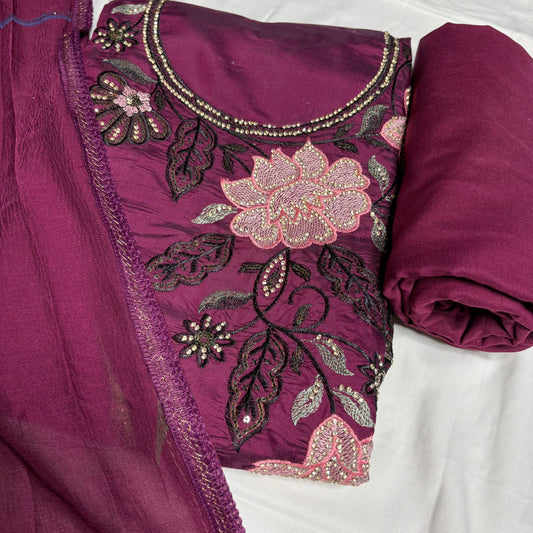 Wine colour Embroidered Suit – Stylish Dupatta & Rayon Bottom