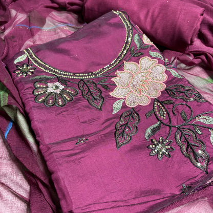 Wine colour Embroidered Suit – Stylish Dupatta & Rayon Bottom