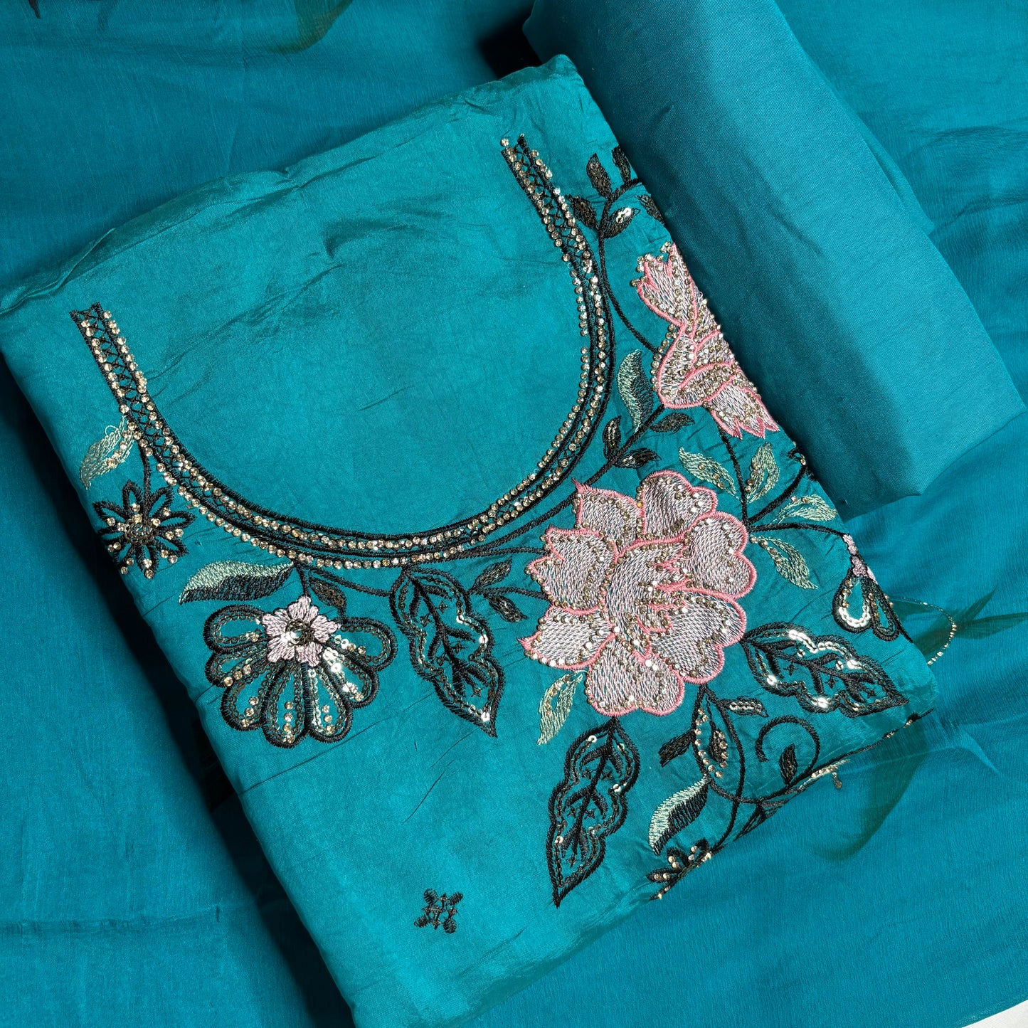 Firozi (Turquoise Blue) Embroidered Suit – Stylish Dupatta & Rayon Bottom