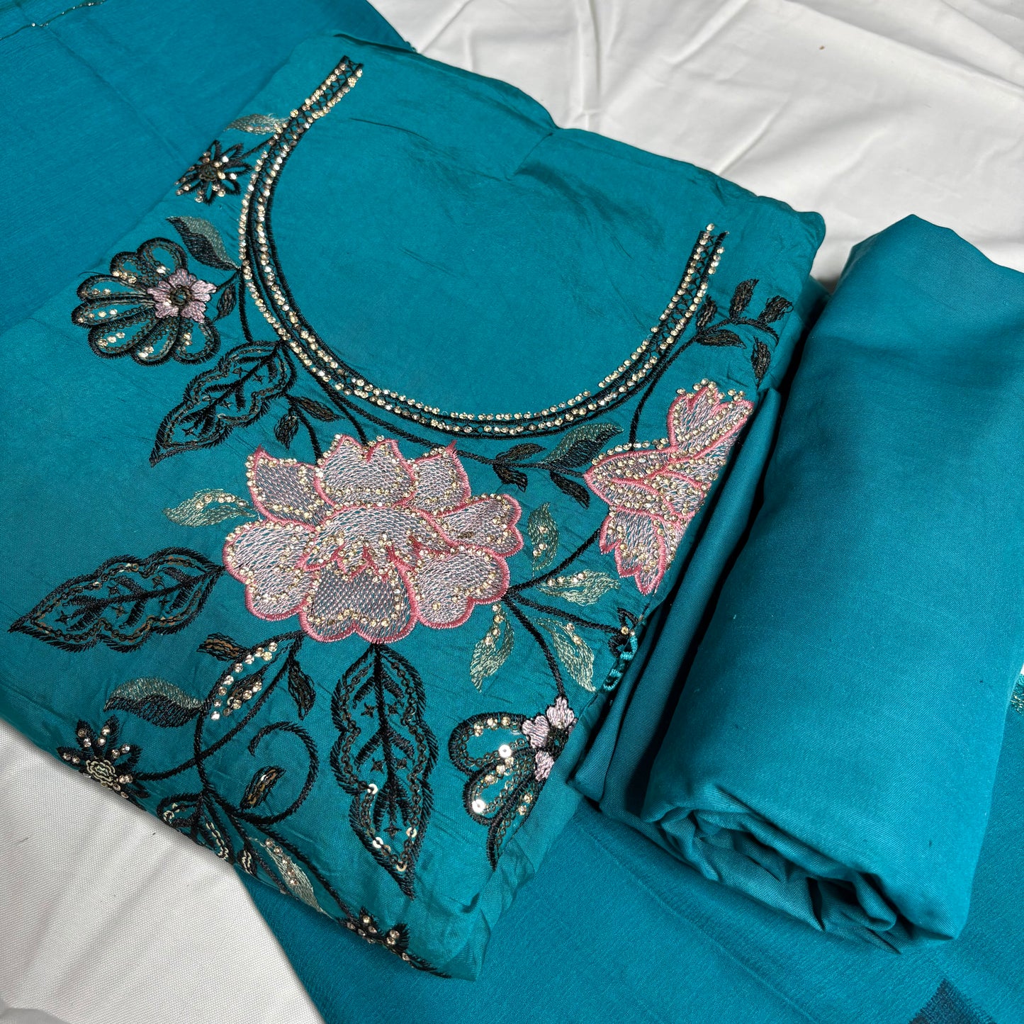 Firozi (Turquoise Blue) Embroidered Suit – Stylish Dupatta & Rayon Bottom