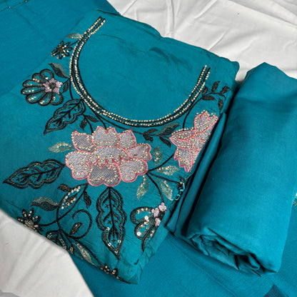 Firozi (Turquoise Blue) Embroidered Suit – Stylish Dupatta & Rayon Bottom