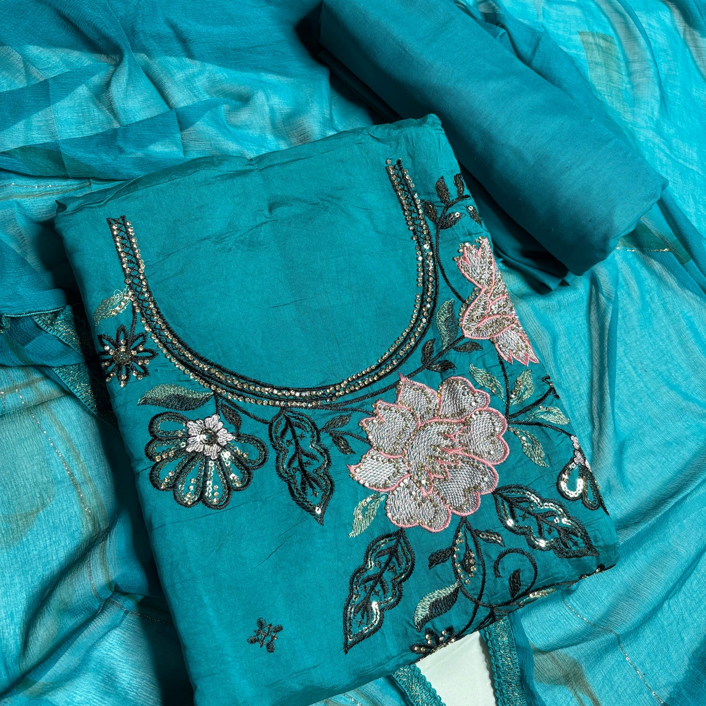 Firozi (Turquoise Blue) Embroidered Suit – Stylish Dupatta & Rayon Bottom