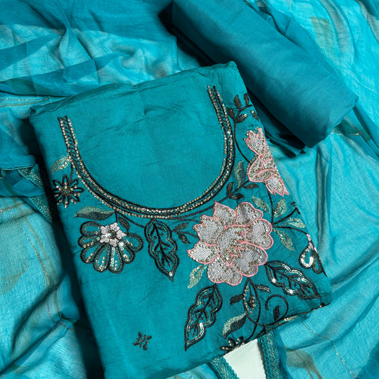 Firozi (Turquoise Blue) Embroidered Suit – Stylish Dupatta & Rayon Bottom