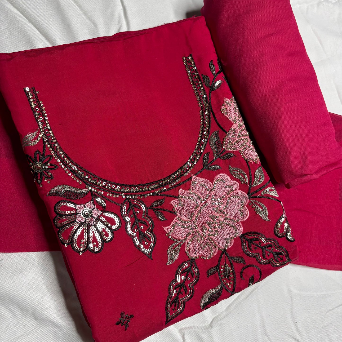 Ruby Pink Embroidered Suit – Stylish Dupatta & Rayon Bottom