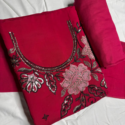 Ruby Pink Embroidered Suit – Stylish Dupatta & Rayon Bottom