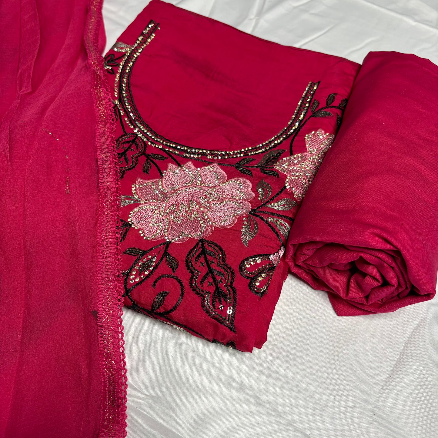 Ruby Pink Embroidered Suit – Stylish Dupatta & Rayon Bottom