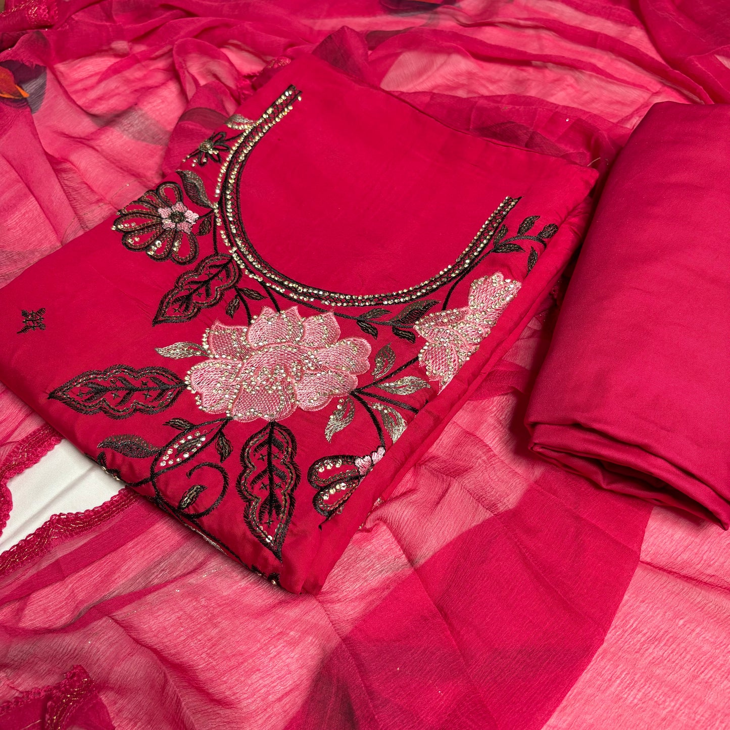Ruby Pink Embroidered Suit – Stylish Dupatta & Rayon Bottom