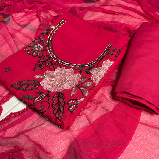 Ruby Pink Embroidered Suit – Stylish Dupatta & Rayon Bottom