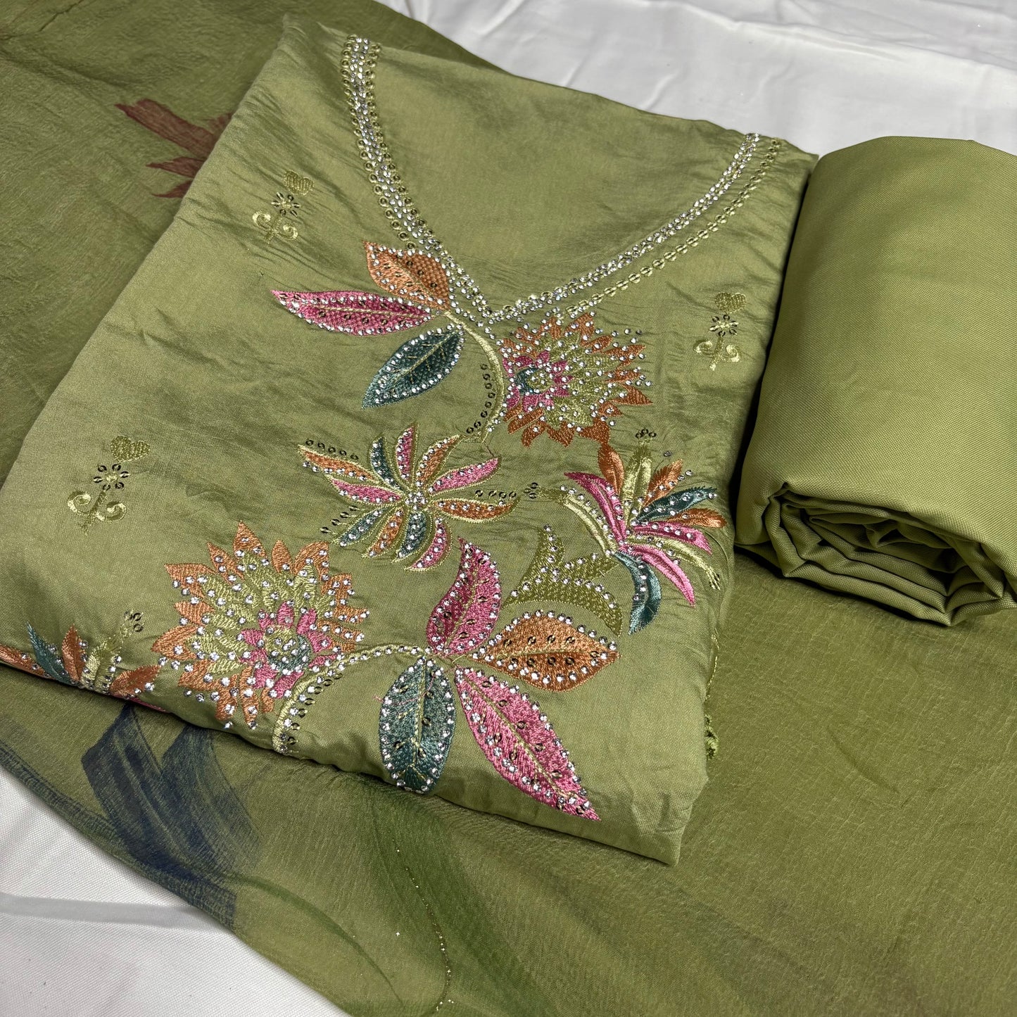 Olive Green Embroidered Suit – Brush Print Dupatta – Rayon Bottom
