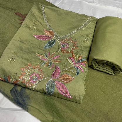 Olive Green Embroidered Suit – Brush Print Dupatta – Rayon Bottom