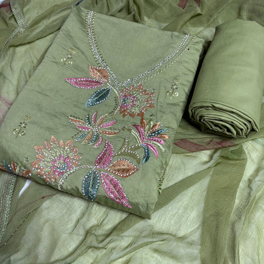 Olive Green Embroidered Suit – Brush Print Dupatta – Rayon Bottom