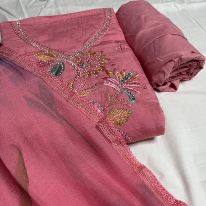 Pink Embroidered Suit – Brush Print Dupatta – Rayon Bottom