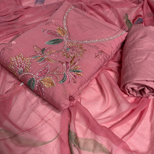 Pink Embroidered Suit – Brush Print Dupatta – Rayon Bottom