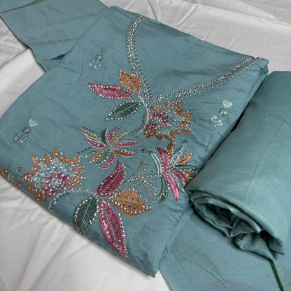 Aqua Blue Embroidered Suit – Brush Print Dupatta – Rayon Bottom
