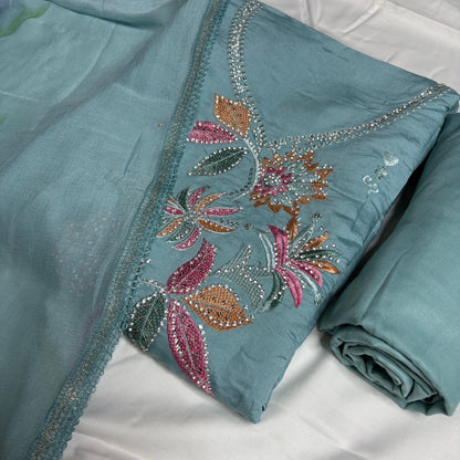 Aqua Blue Embroidered Suit – Brush Print Dupatta – Rayon Bottom