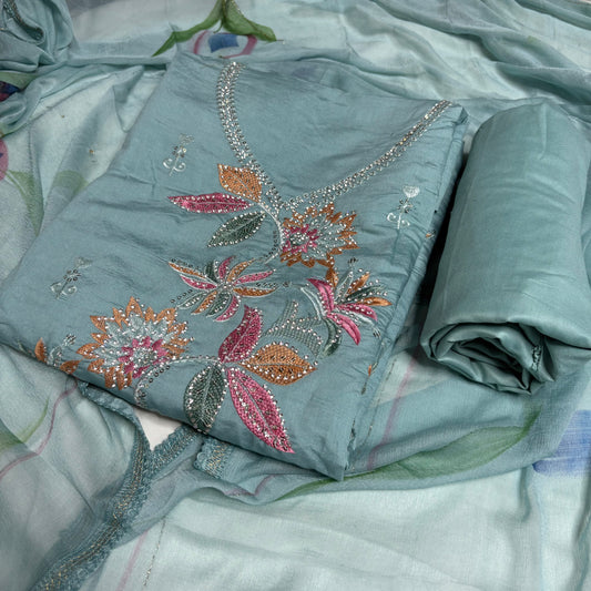 Aqua Blue Embroidered Suit – Brush Print Dupatta – Rayon Bottom