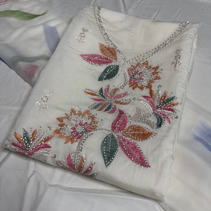 White Embroidered Suit – Brush Print Dupatta – Rayon Bottom