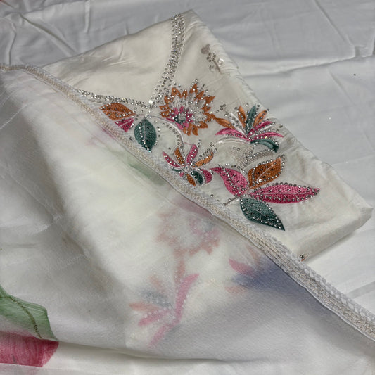 White Embroidered Suit – Brush Print Dupatta – Rayon Bottom