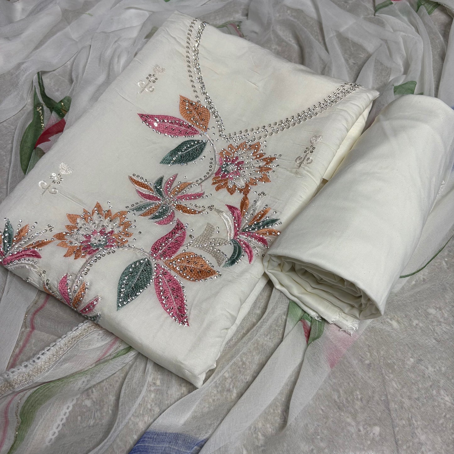 White Embroidered Suit – Brush Print Dupatta – Rayon Bottom