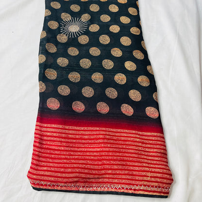 Georgette Printed Black and Red Saree