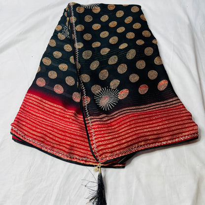 Georgette Printed Black and Red Saree
