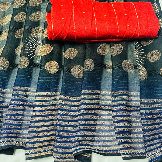 Georgette Printed Black and Blue Saree