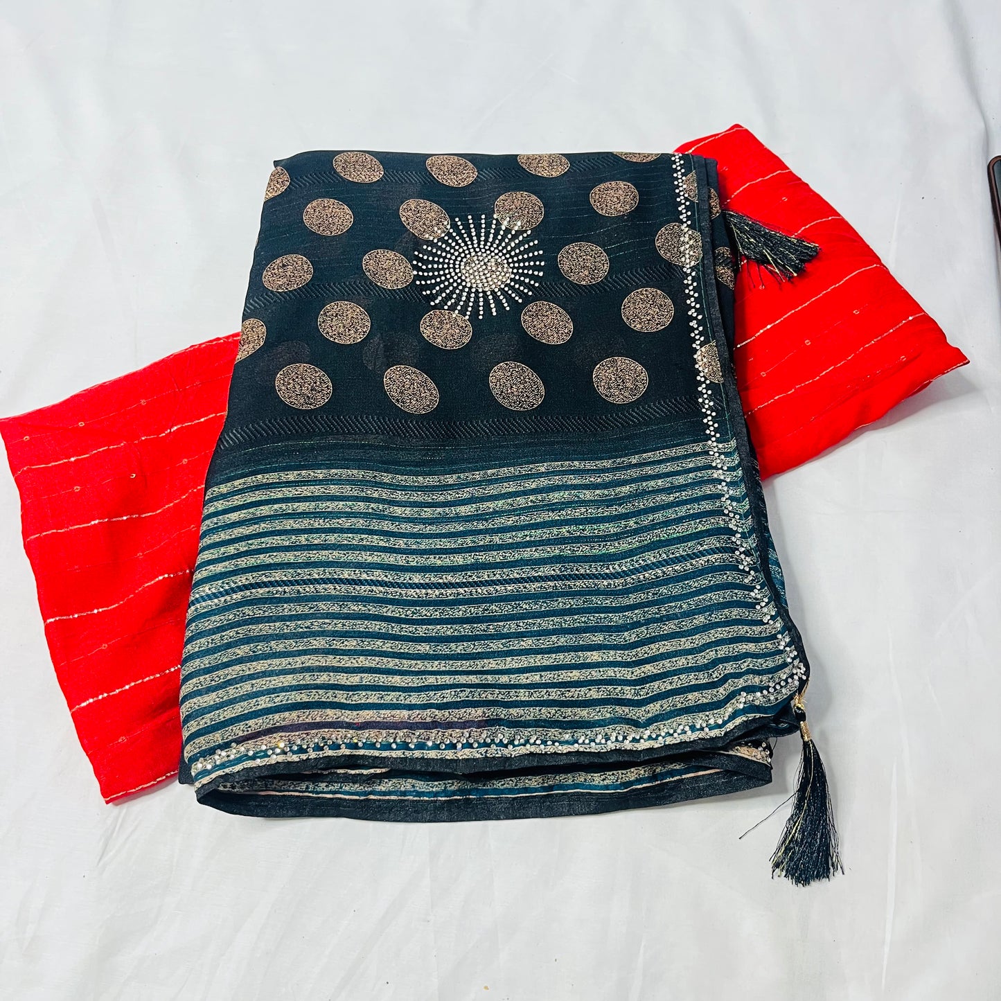 Georgette Printed Black and Green Saree