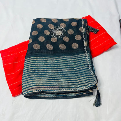 Georgette Printed Black and Green Saree
