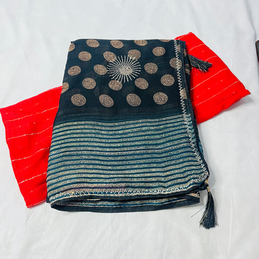 Georgette Printed Black and Green Saree