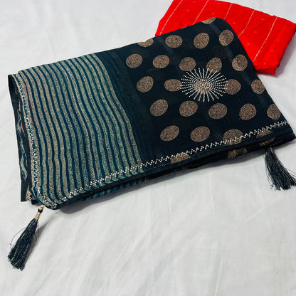 Georgette Printed Black and Green Saree