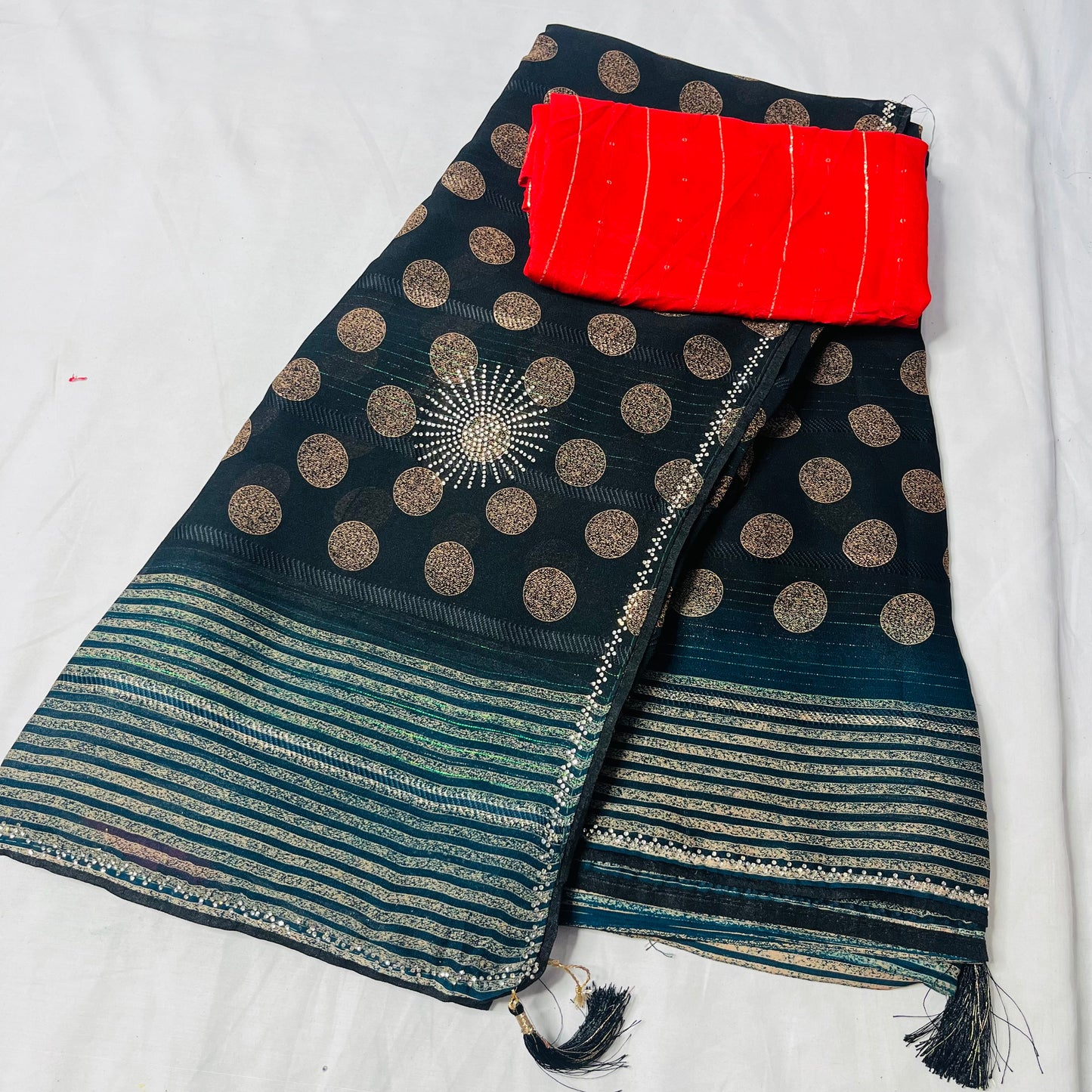 Georgette Printed Black and Green Saree