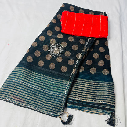 Georgette Printed Black and Green Saree