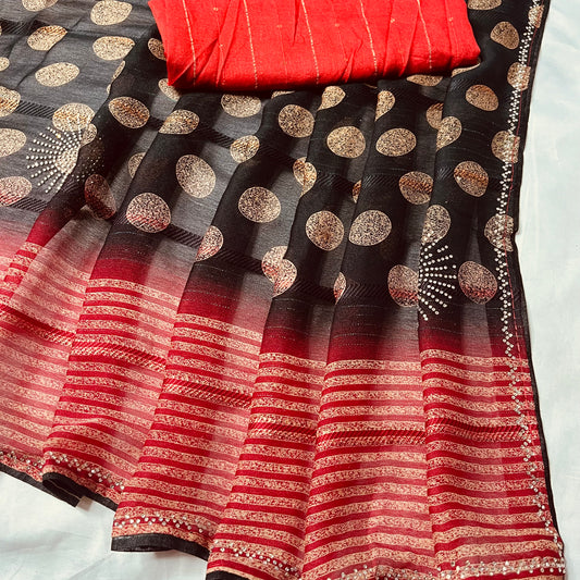 Georgette Printed Black and Red Saree