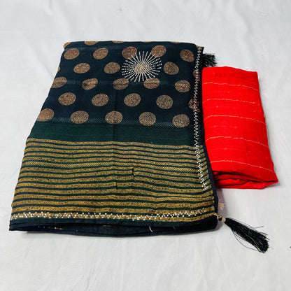Georgette Printed Black and Green Saree