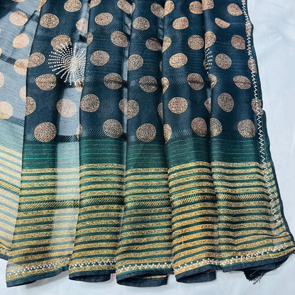 Georgette Printed Black and Green Saree
