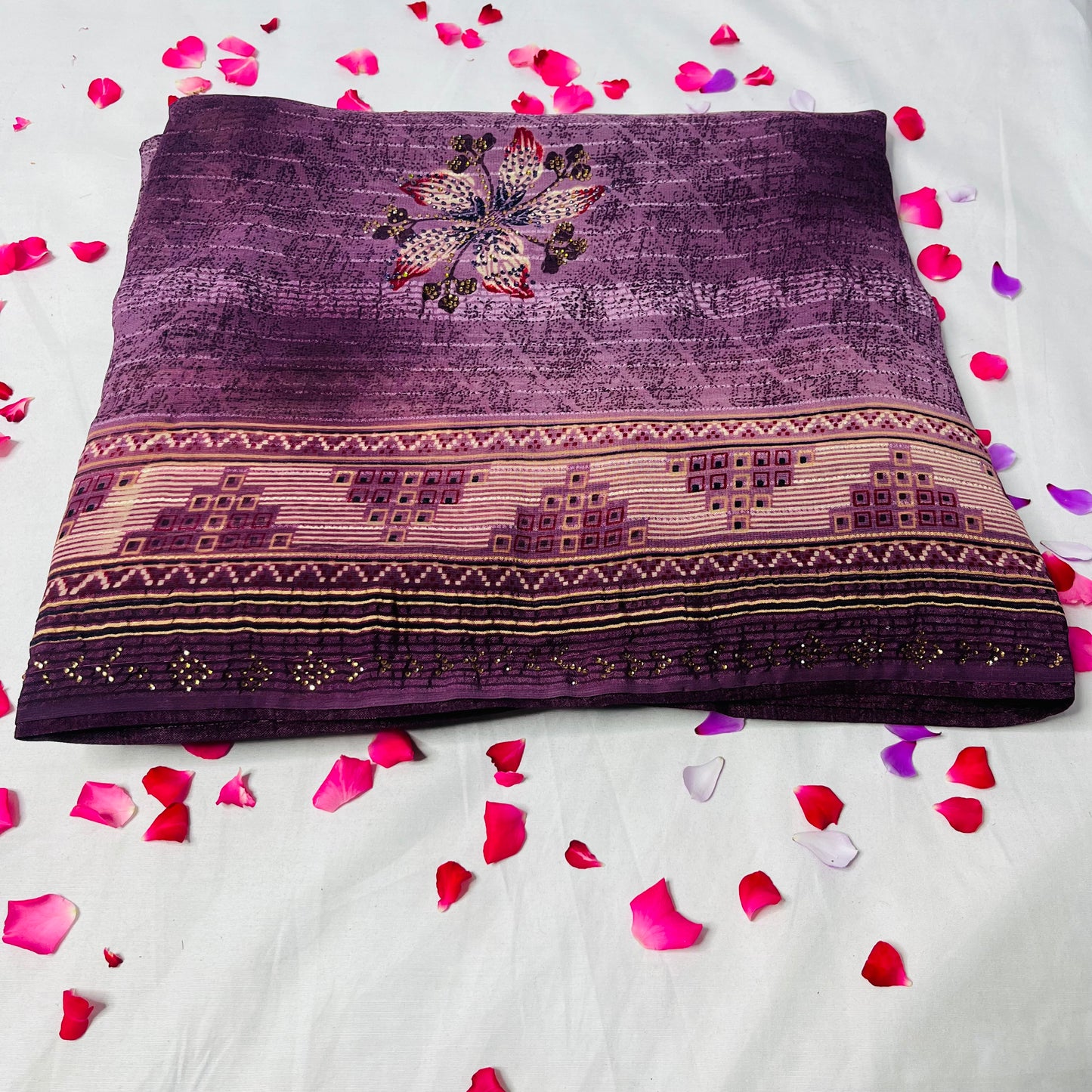 Georgette Floral Printed Purple Saree