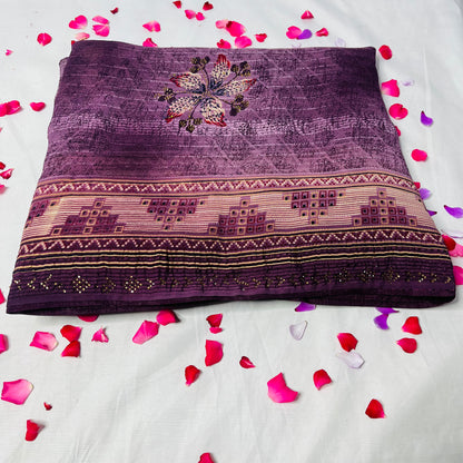 Georgette Floral Printed Purple Saree
