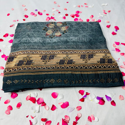 Georgette Floral Printed Grey Saree