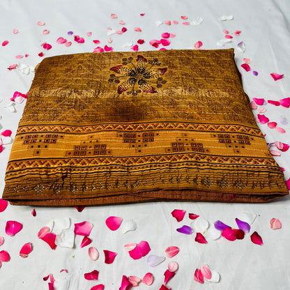 Georgette Floral Printed Golden Brown Saree