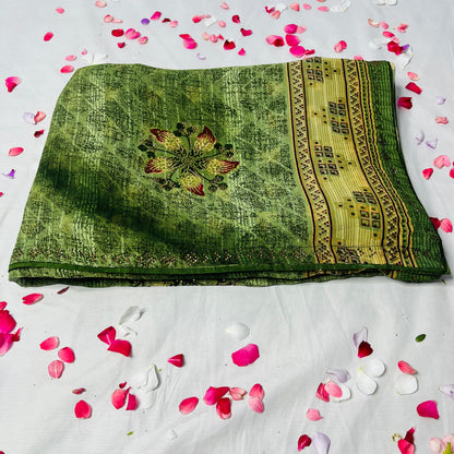 Georgette Floral Printed Green Saree