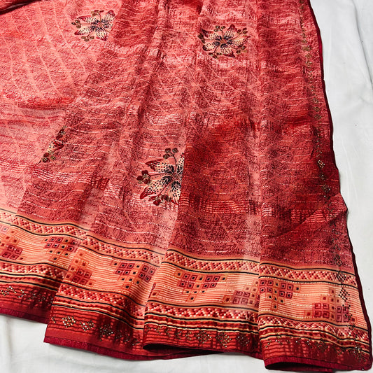 Georgette Floral Printed Sunset Red Saree - MSG Fashion
