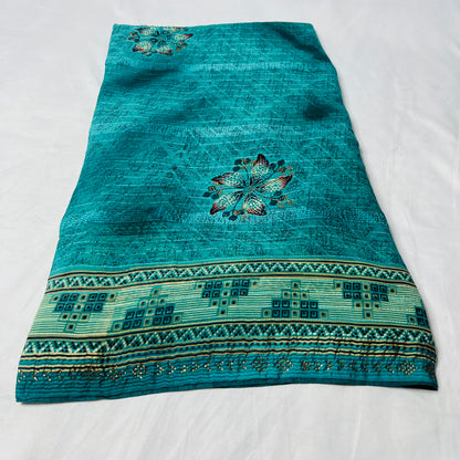 Georgette Floral Printed Golden Blue Saree