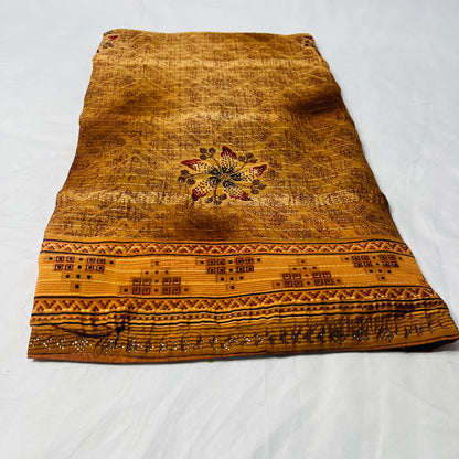 Georgette Floral Printed Golden Brown Saree