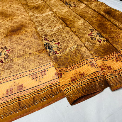Georgette Floral Printed Golden Brown Saree