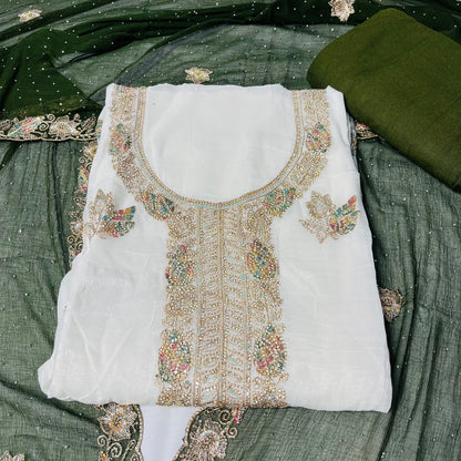 White & Green Fancy Diamond Crush Salwar Suit with Heavy Zarkan & Border Work Dupatta